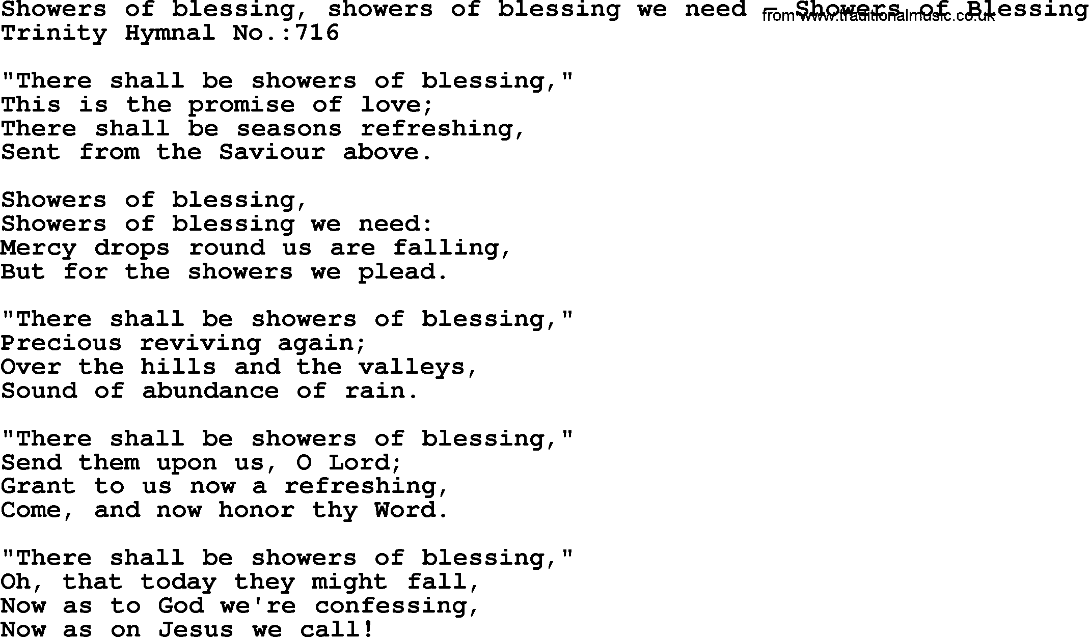 Trinity Hymnal Hymn: Showers Of Blessing, Showers Of Blessing We Need--Showers Of Blessing, lyrics with midi music