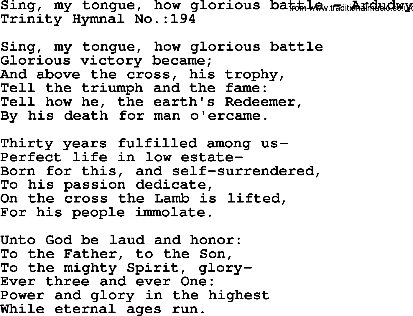 Trinity Hymnal Hymn: Sing, My Tongue, How Glorious Battle--Ardudwy, lyrics with midi music
