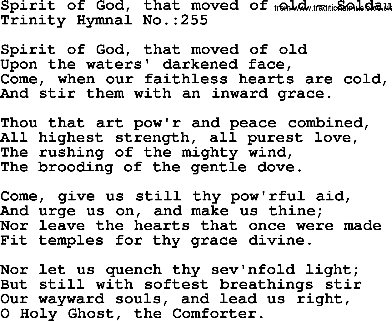 Trinity Hymnal Hymn: Spirit Of God, That Moved Of Old--Soldau, lyrics with midi music