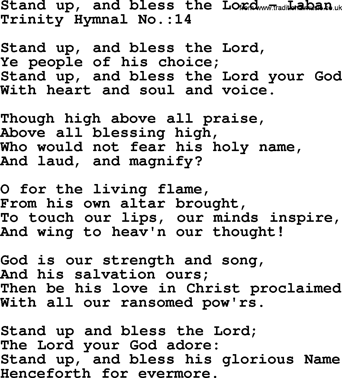 Trinity Hymnal Hymn: Stand Up, And Bless The Lord--Laban, lyrics with midi music