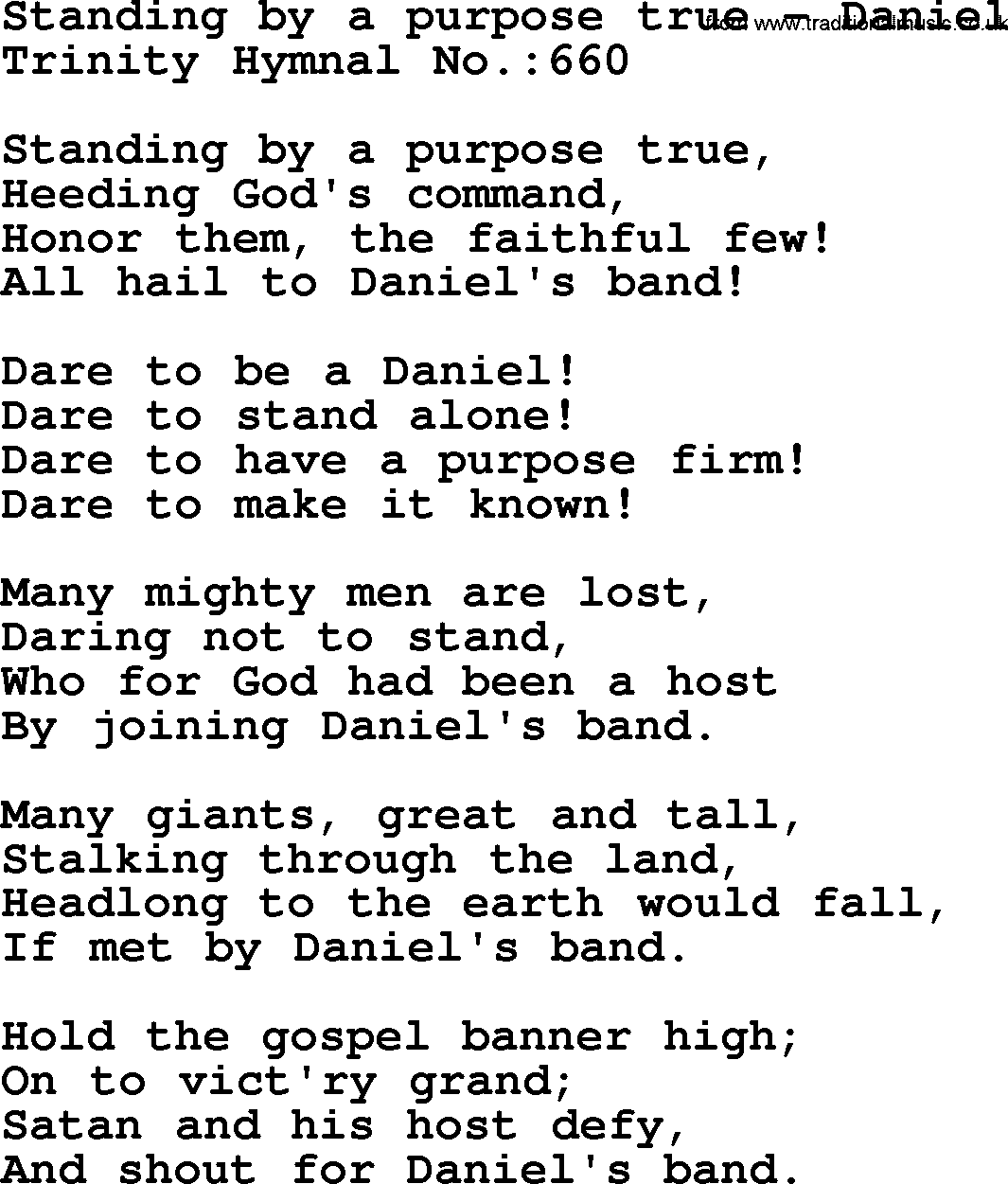 Trinity Hymnal Hymn: Standing By A Purpose True--Daniel, lyrics with midi music