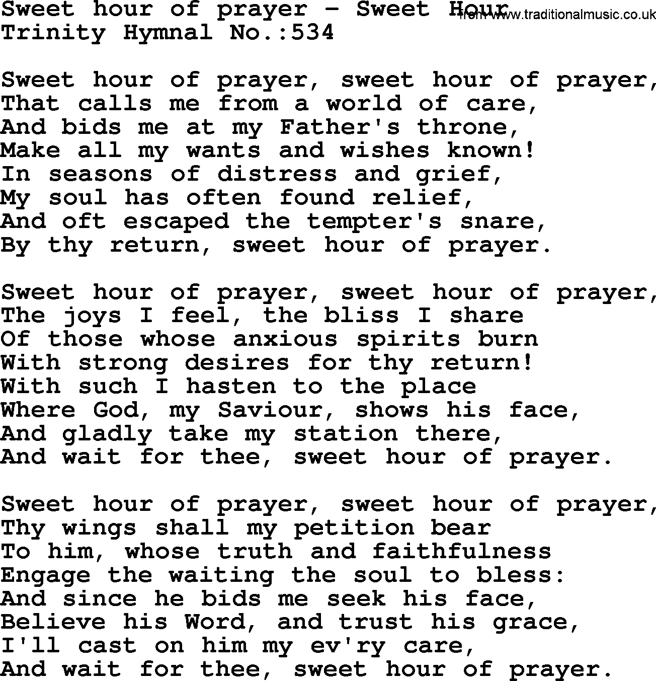 Trinity Hymnal Hymn: Sweet Hour Of Prayer--Sweet Hour, lyrics with midi music