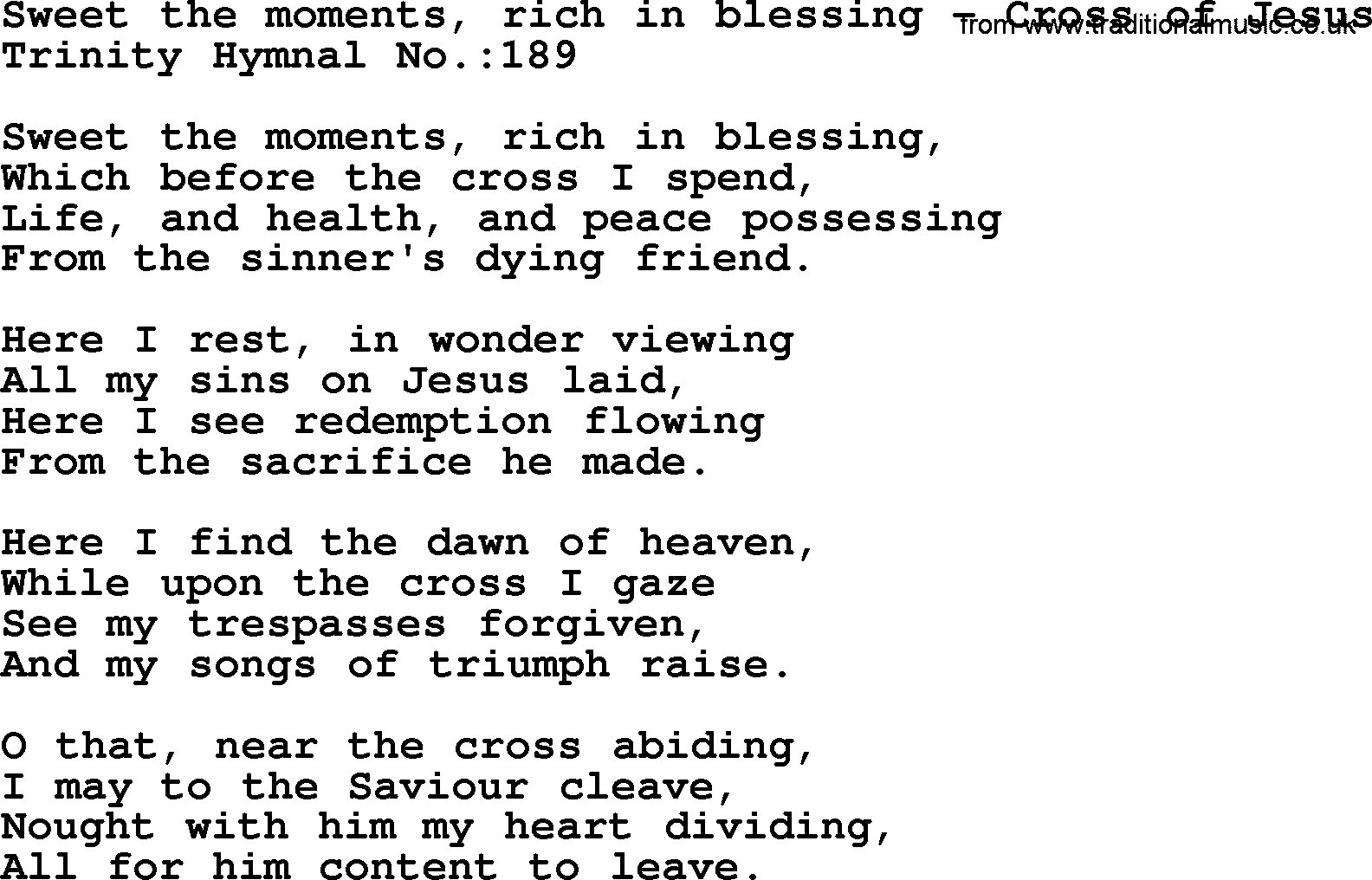 Trinity Hymnal Hymn: Sweet The Moments, Rich In Blessing--Cross Of Jesus, lyrics with midi music