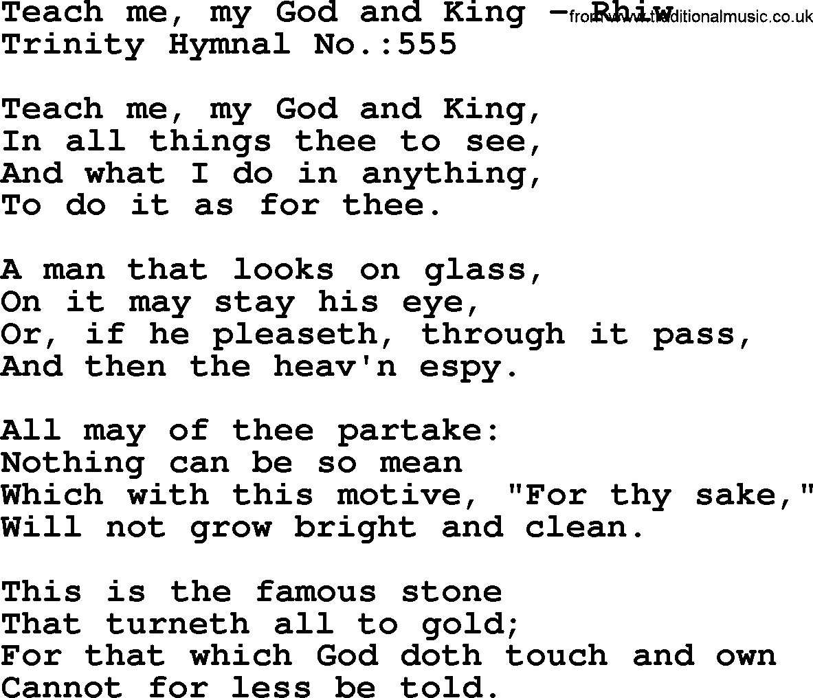 Trinity Hymnal Hymn: Teach Me, My God And King--Rhiw, lyrics with midi music