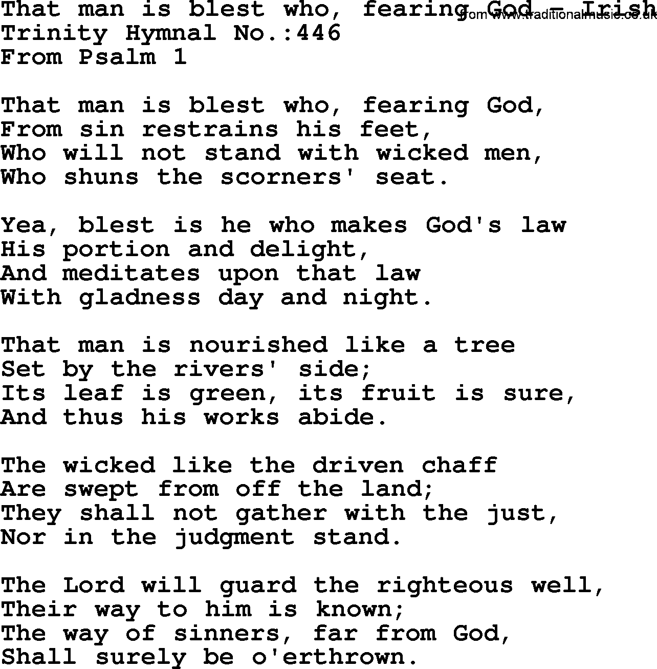 Trinity Hymnal Hymn: That Man Is Blest Who, Fearing God--Irish, lyrics with midi music