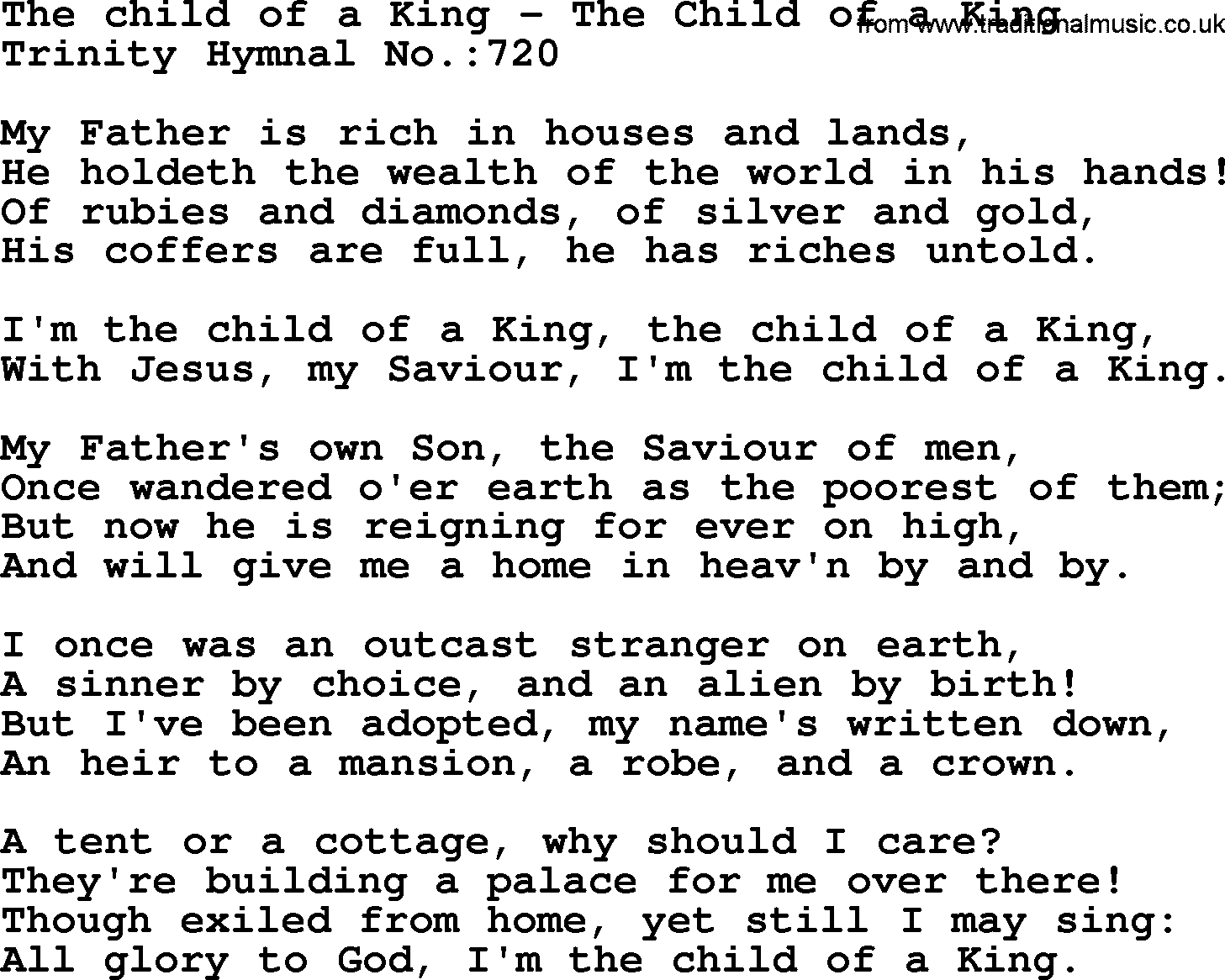 Trinity Hymnal Hymn: The Child Of A King--The Child Of A King, lyrics with midi music