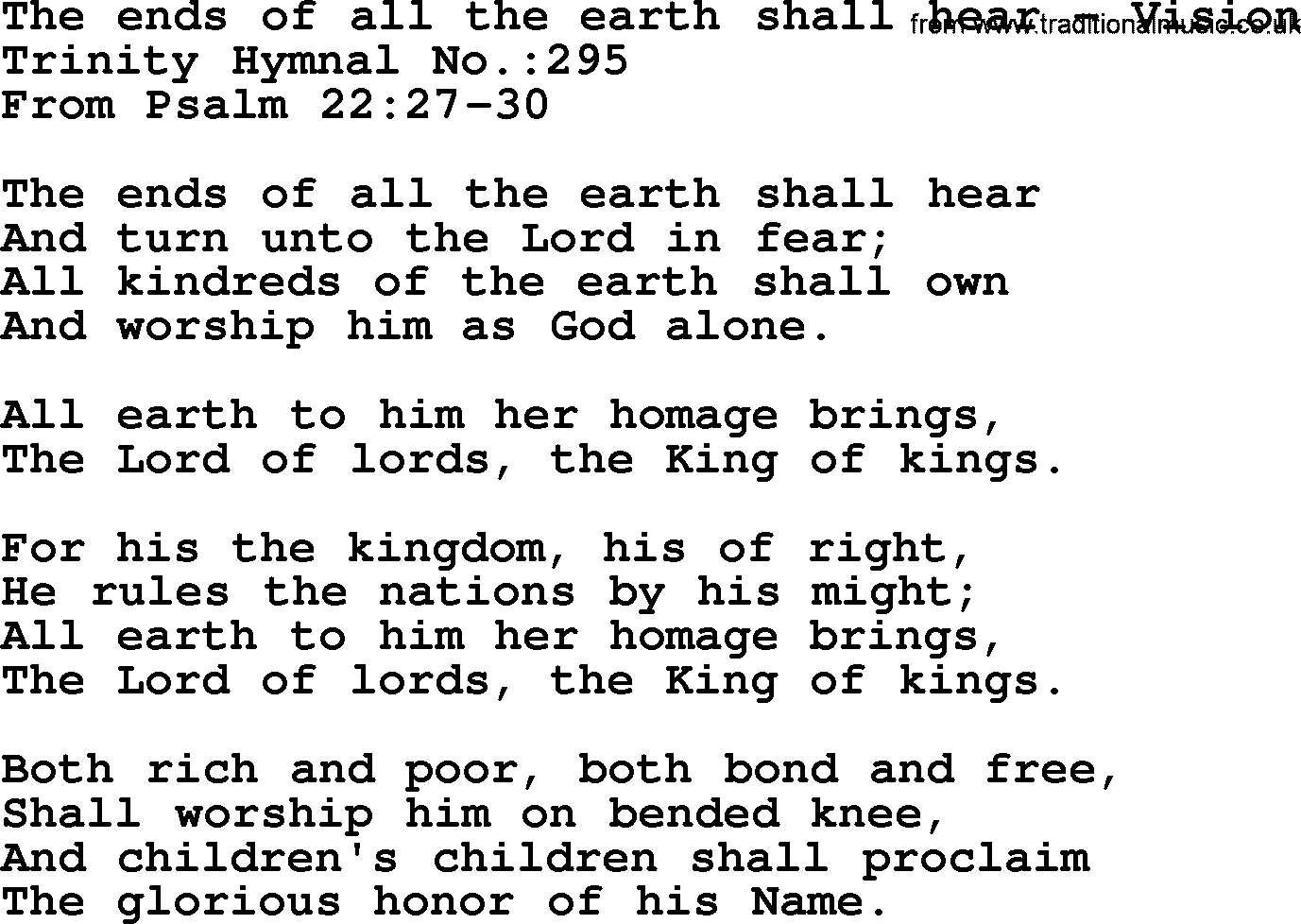 Trinity Hymnal Hymn: The Ends Of All The Earth Shall Hear--Vision, lyrics with midi music
