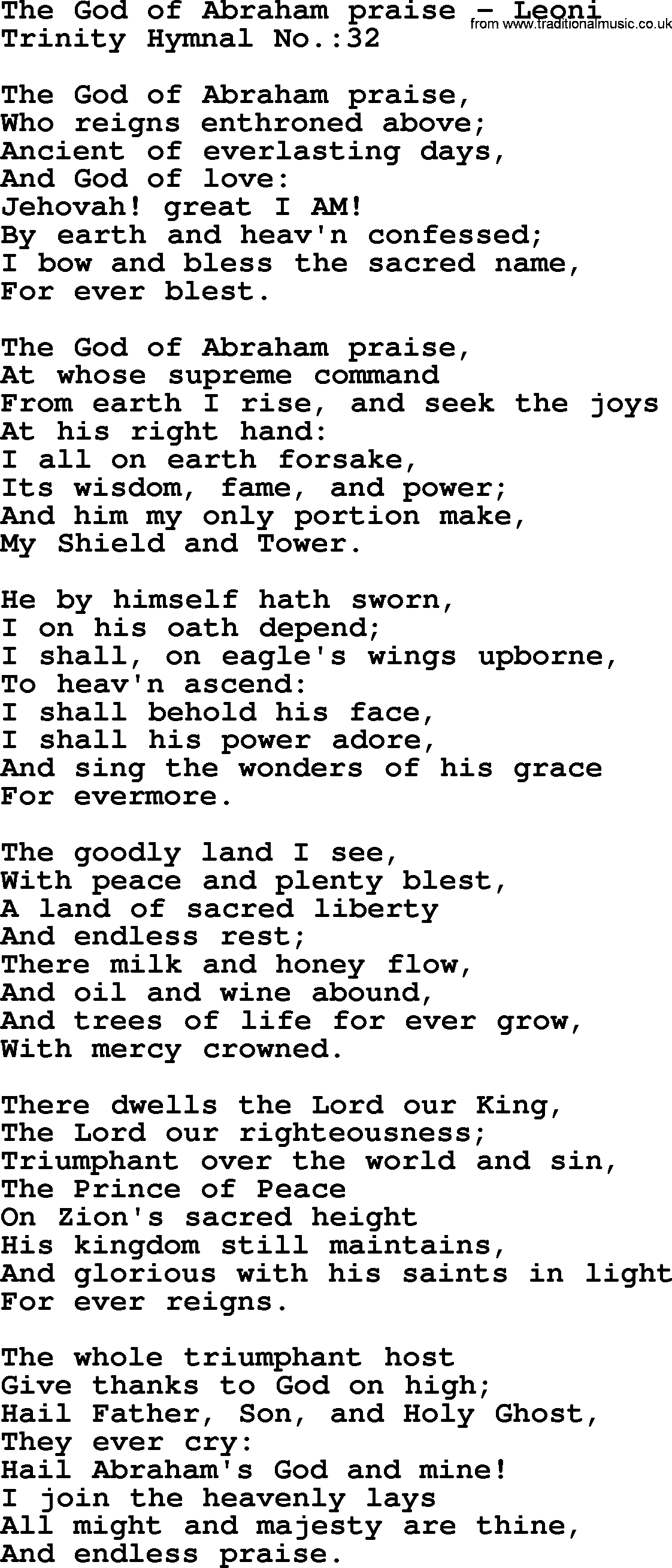 Trinity Hymnal Hymn: The God Of Abraham Praise--Leoni, lyrics with midi music