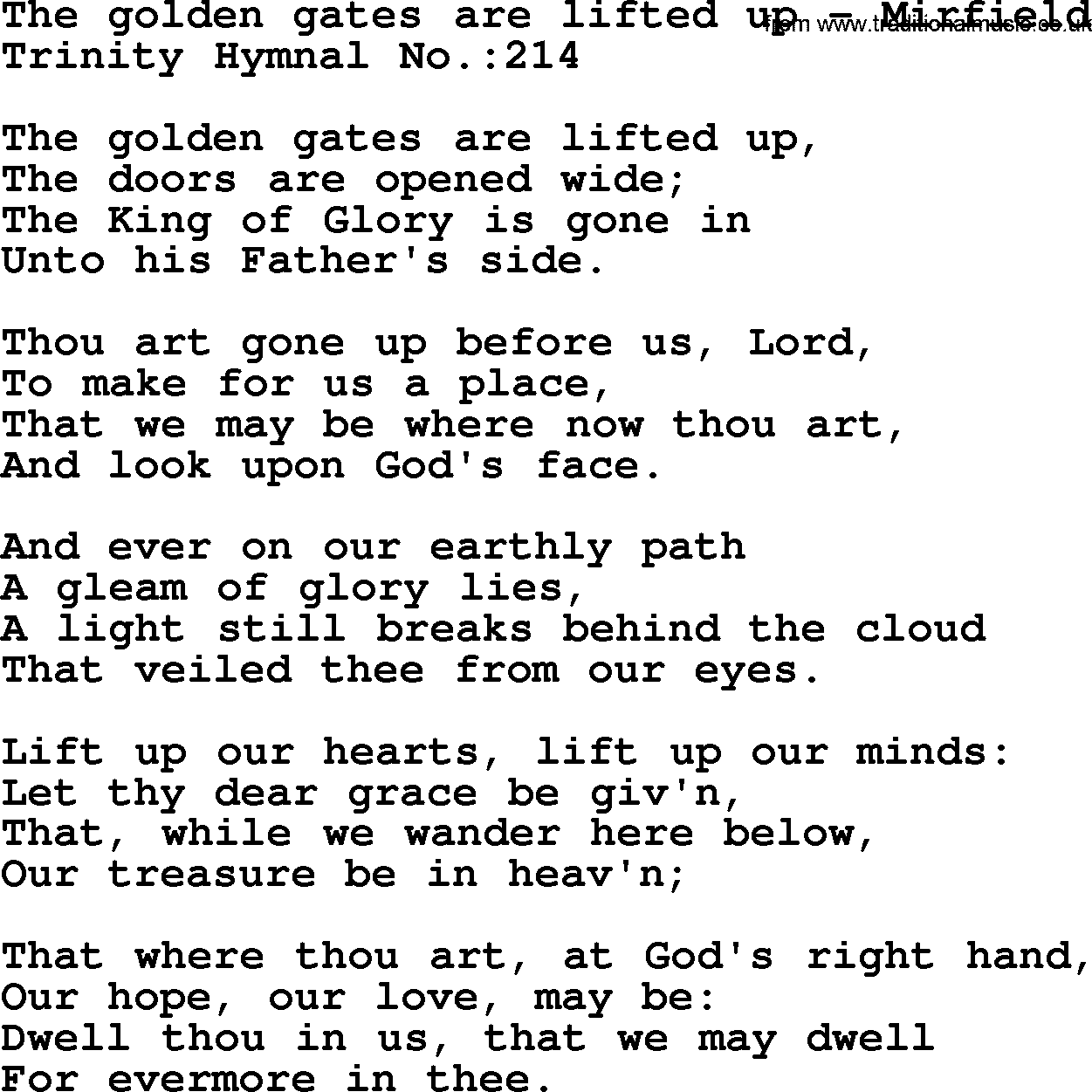 Trinity Hymnal Hymn: The Golden Gates Are Lifted Up--Mirfield, lyrics with midi music
