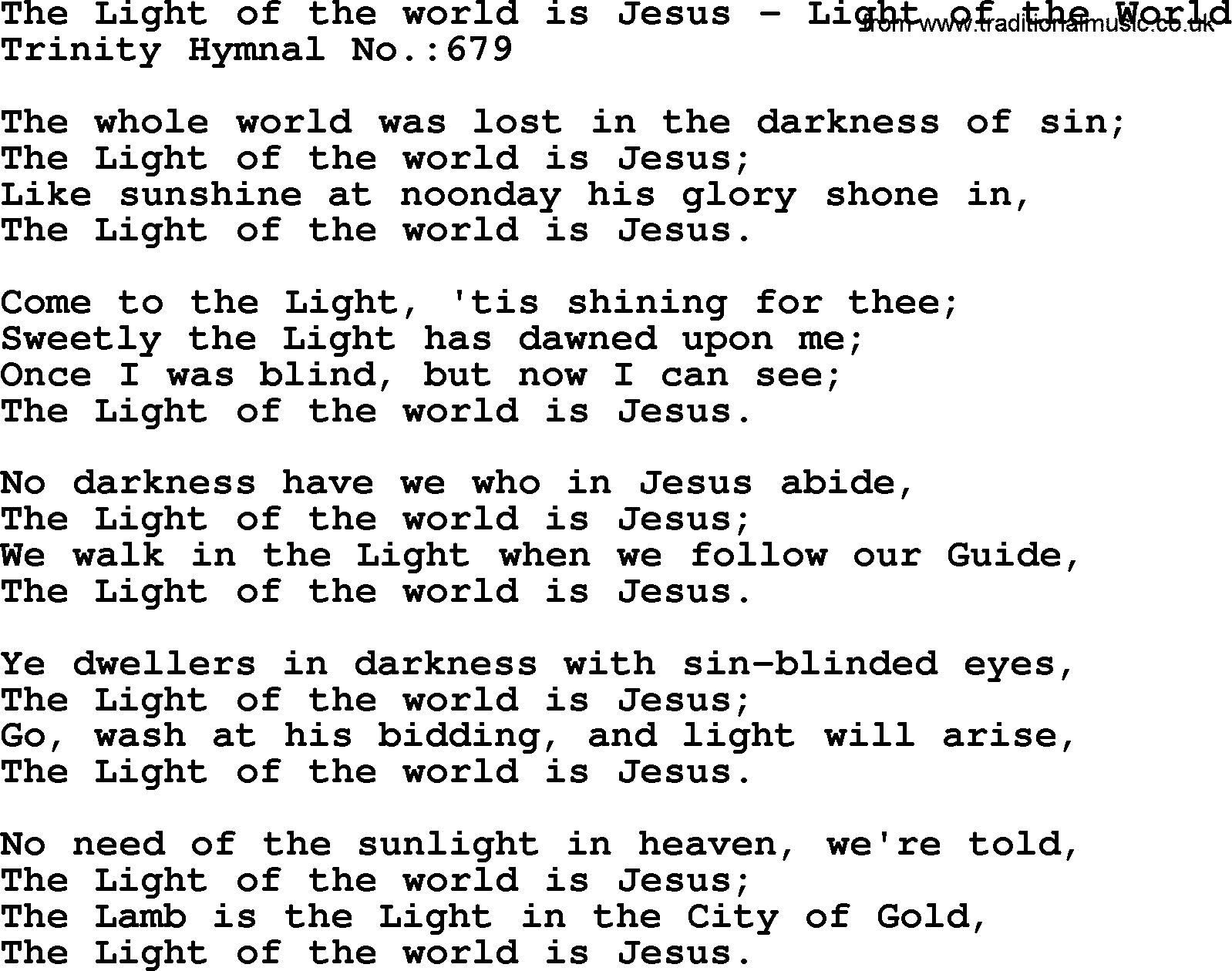 Trinity Hymnal Hymn: The Light Of The World Is Jesus--Light Of The World, lyrics with midi music
