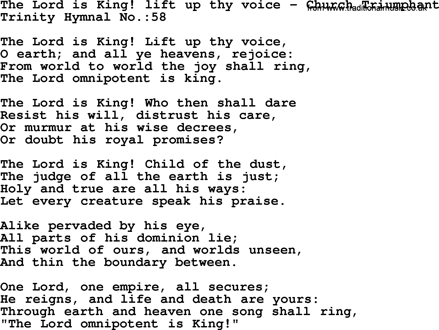 Trinity Hymnal Hymn: The Lord Is King! Lift Up Thy Voice--Church Triumphant, lyrics with midi music