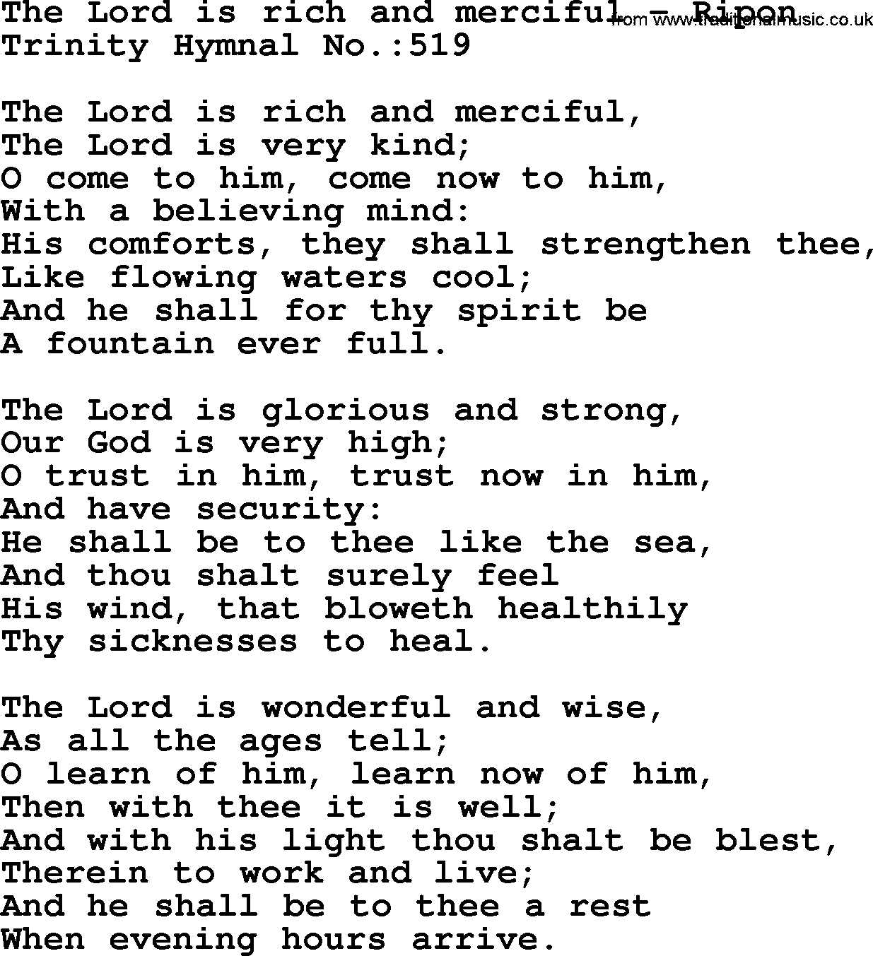 Trinity Hymnal Hymn: The Lord Is Rich And Merciful--Ripon, lyrics with midi music