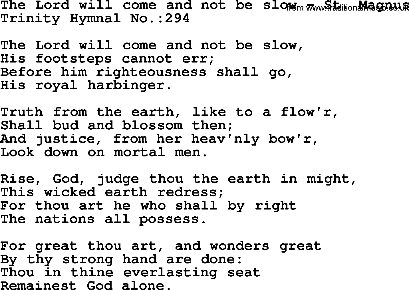 Trinity Hymnal Hymn: The Lord Will Come And Not Be Slow--St. Magnus, lyrics with midi music