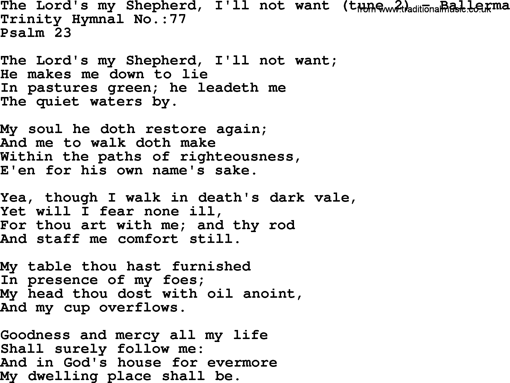Trinity Hymnal Hymn: The Lord's My Shepherd, I'll Not Want--Ballerma, lyrics with midi music