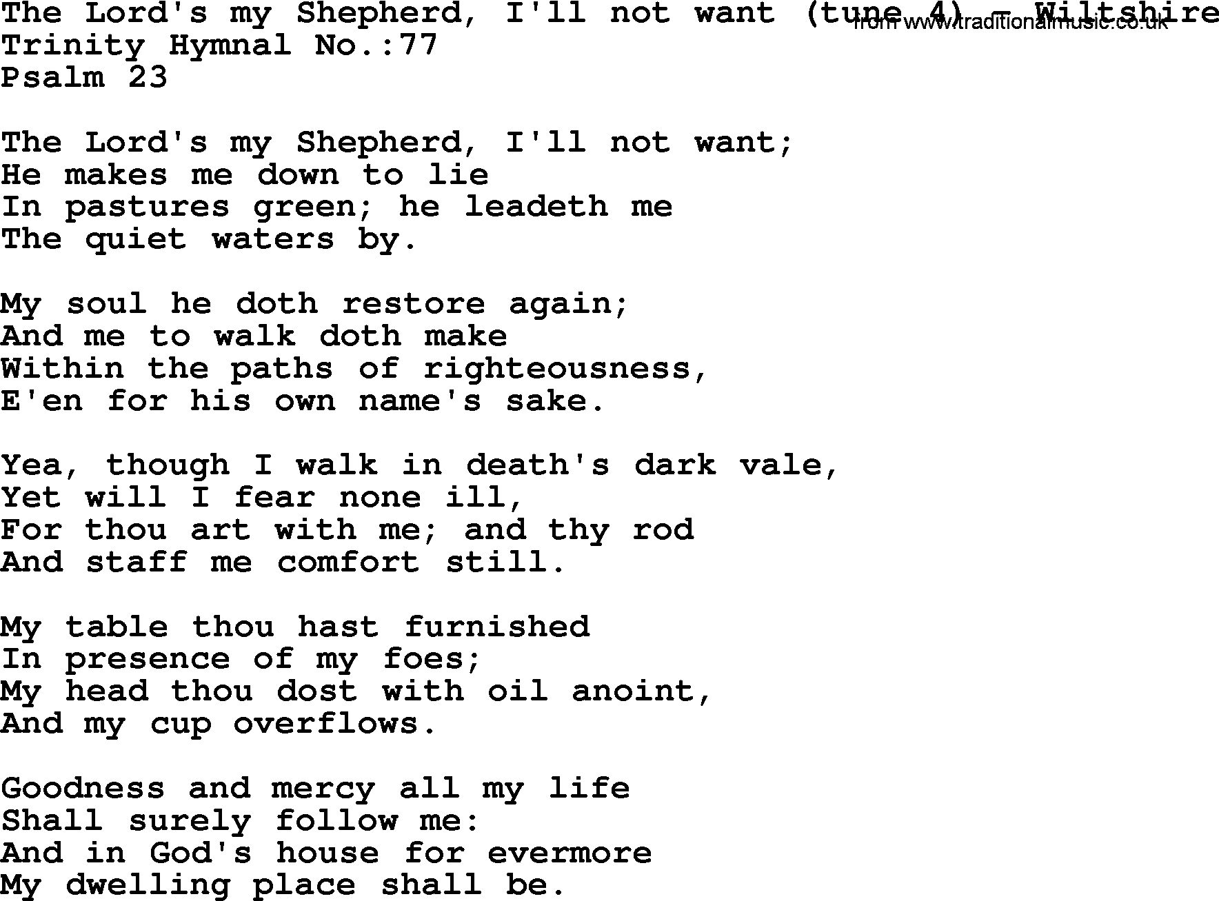 Trinity Hymnal Hymn: The Lord's My Shepherd, I'll Not Want--Wiltshire, lyrics with midi music
