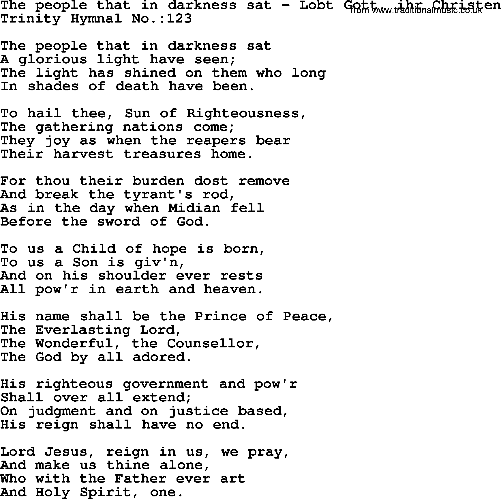 Trinity Hymnal Hymn: The People That In Darkness Sat--Lobt Gott, Ihr Christen, lyrics with midi music