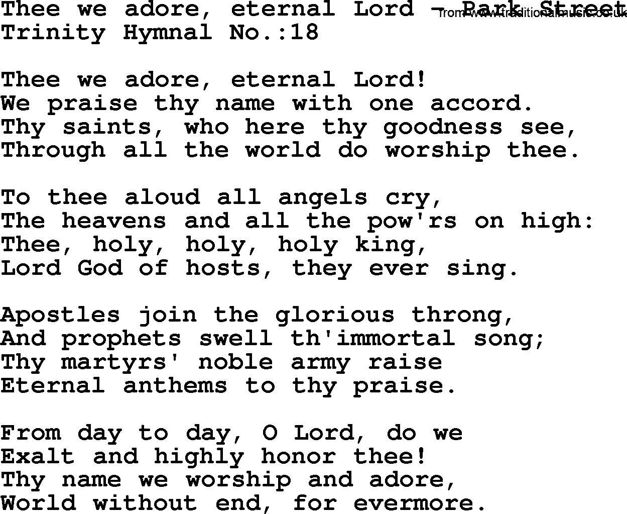 Trinity Hymnal Hymn: Thee We Adore, Eternal Lord--Park Street, lyrics with midi music