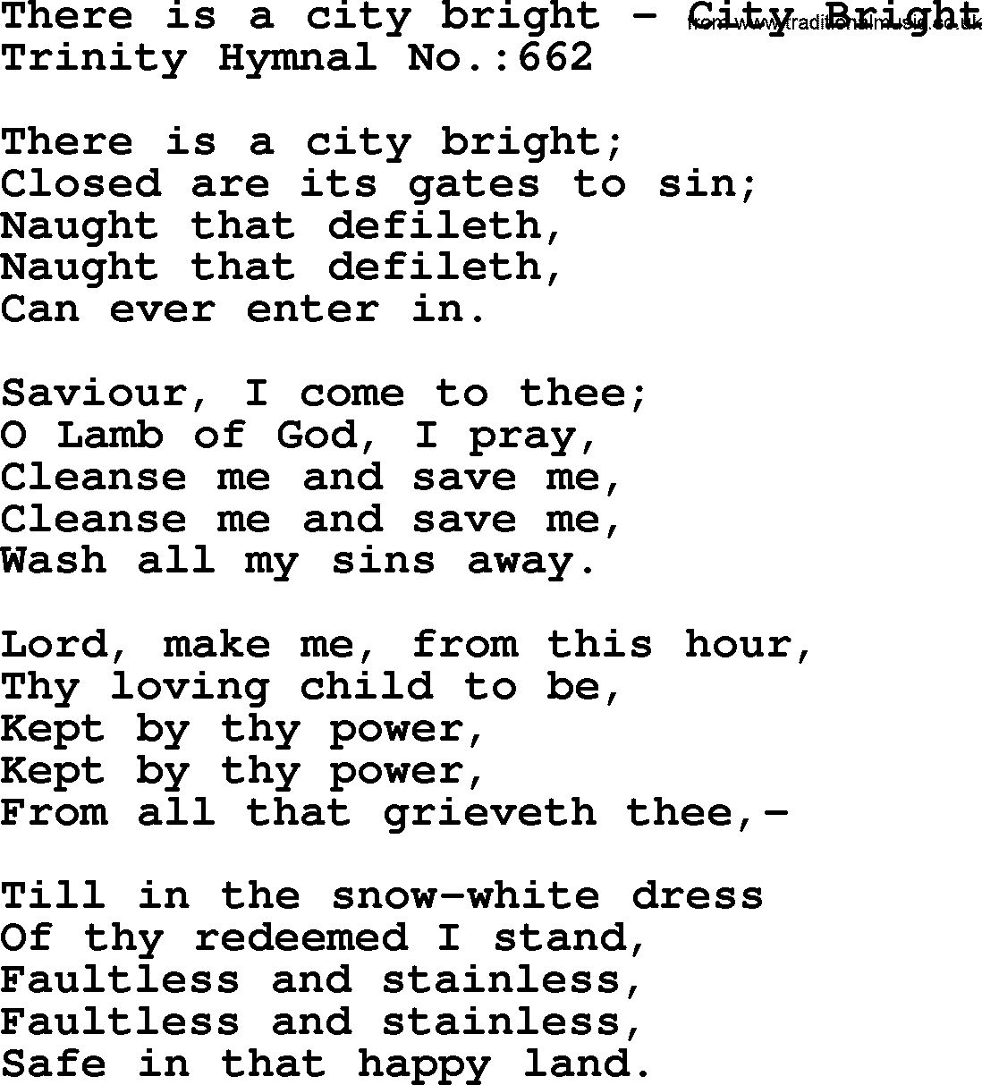 Trinity Hymnal Hymn: There Is A City Bright--City Bright, lyrics with midi music