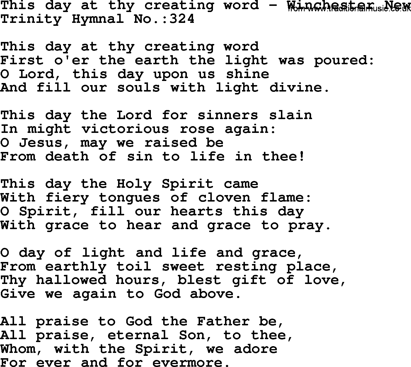 Trinity Hymnal Hymn: This Day At Thy Creating Word--Winchester New, lyrics with midi music