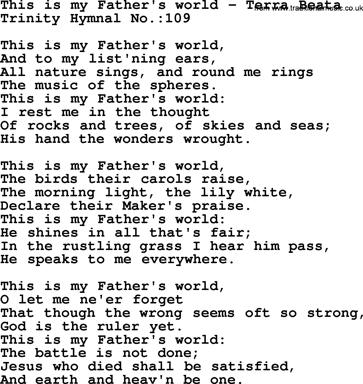 Trinity Hymnal Hymn: This Is My Father's World--Terra Beata, lyrics with midi music