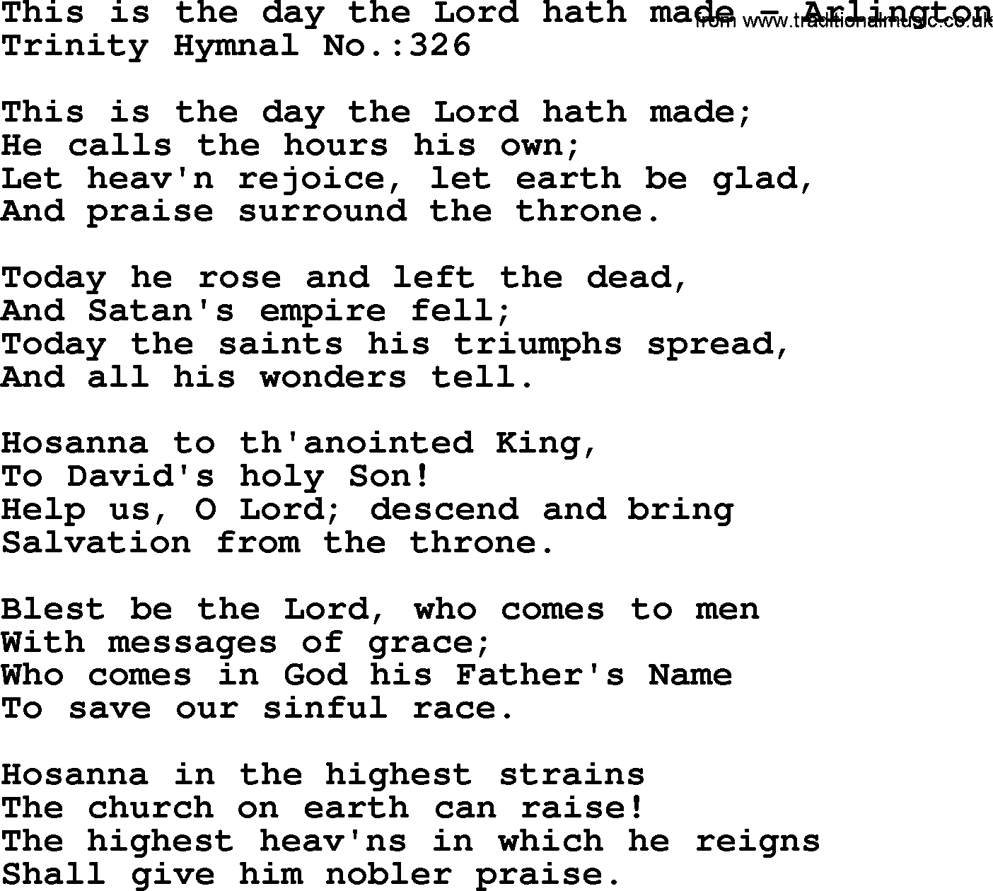 Trinity Hymnal Hymn: This Is The Day The Lord Hath Made--Arlington, lyrics with midi music