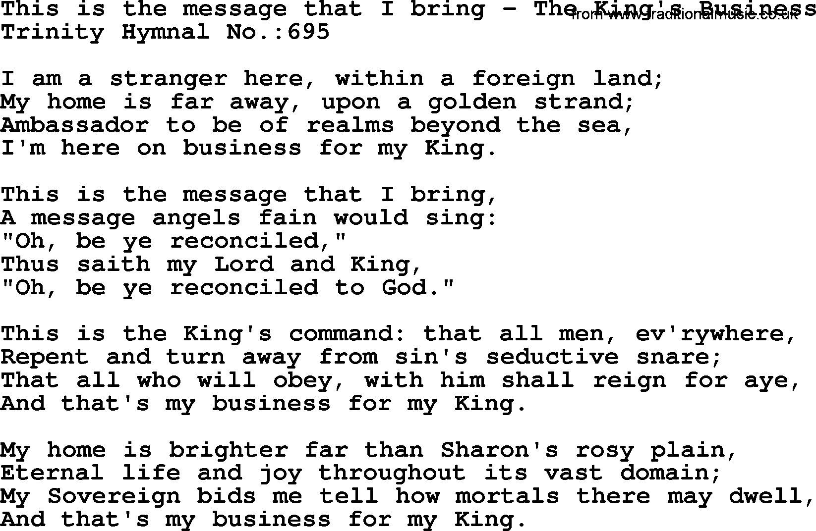 Trinity Hymnal Hymn: This Is The Message That I Bring--The King's Business, lyrics with midi music