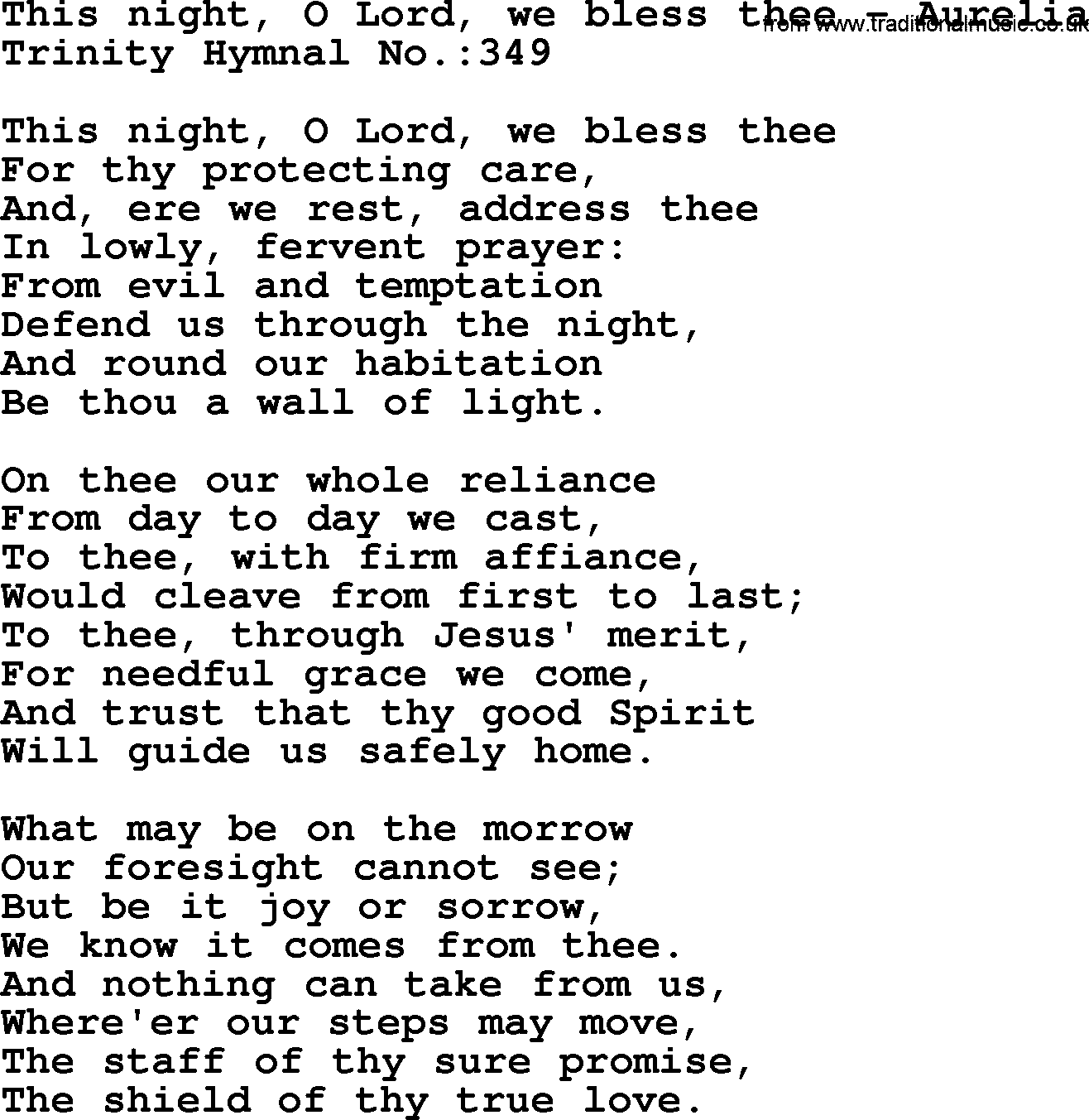 Trinity Hymnal Hymn: This Night, O Lord, We Bless Thee--Aurelia, lyrics with midi music