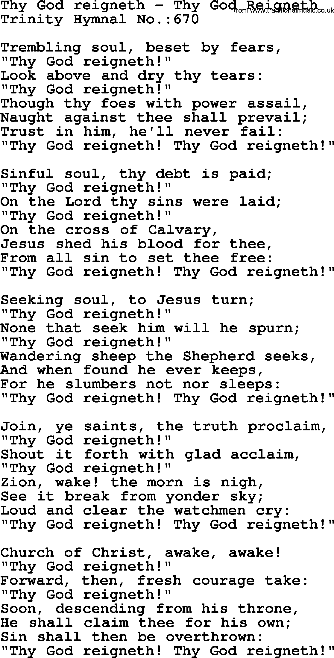 Trinity Hymnal Hymn: Thy God Reigneth--Thy God Reigneth, lyrics with midi music