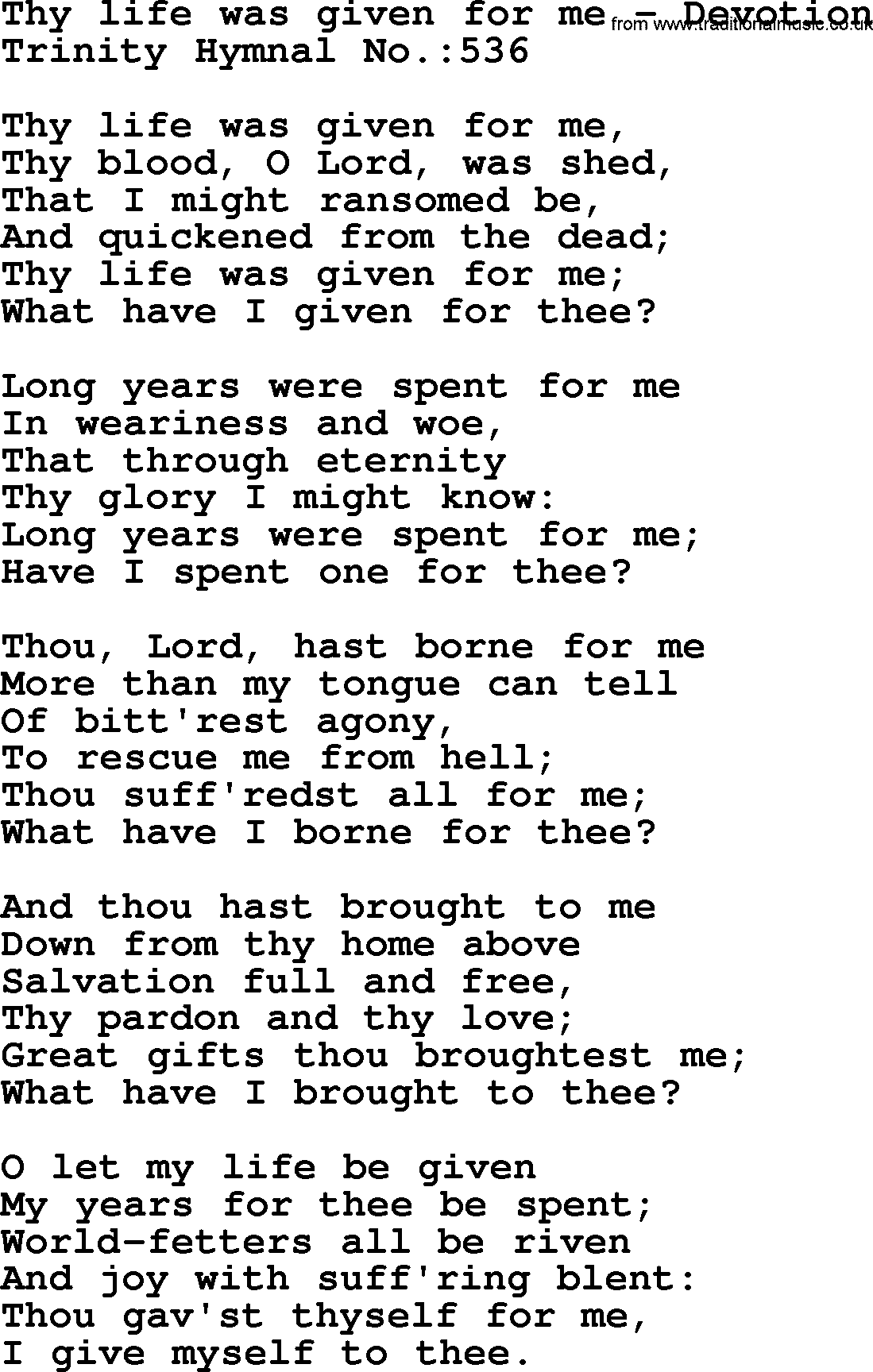 Trinity Hymnal Hymn: Thy Life Was Given For Me--Devotion, lyrics with midi music