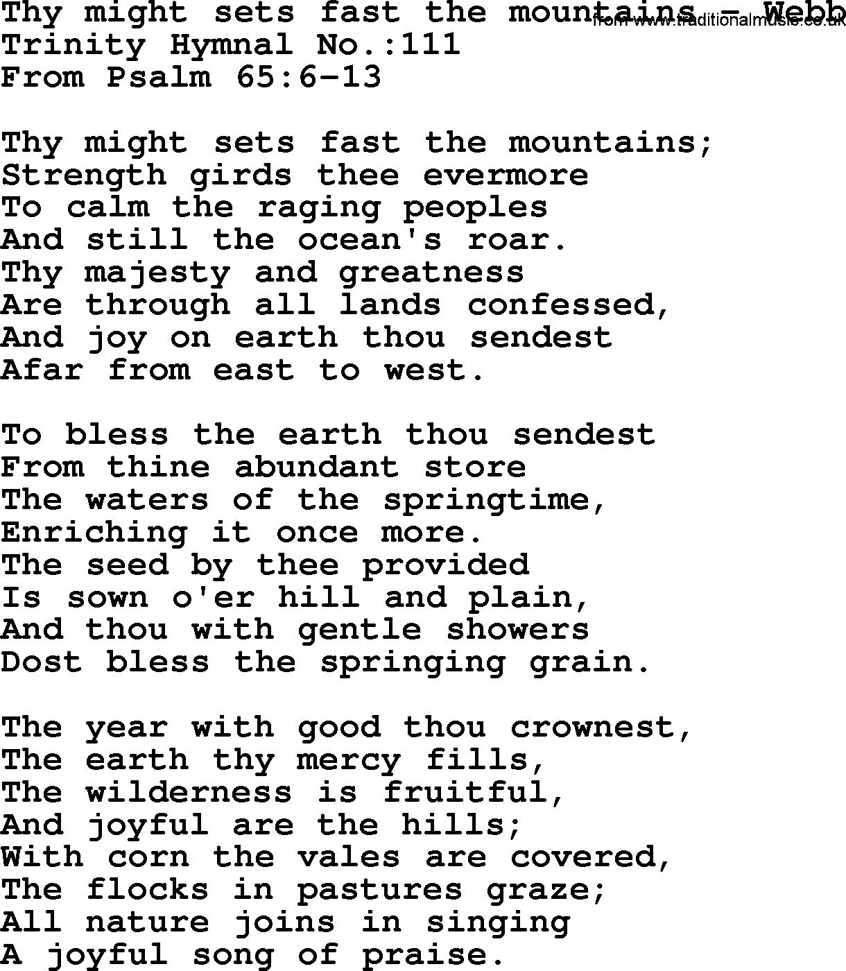 Trinity Hymnal Hymn: Thy Might Sets Fast The Mountains--Webb, lyrics with midi music