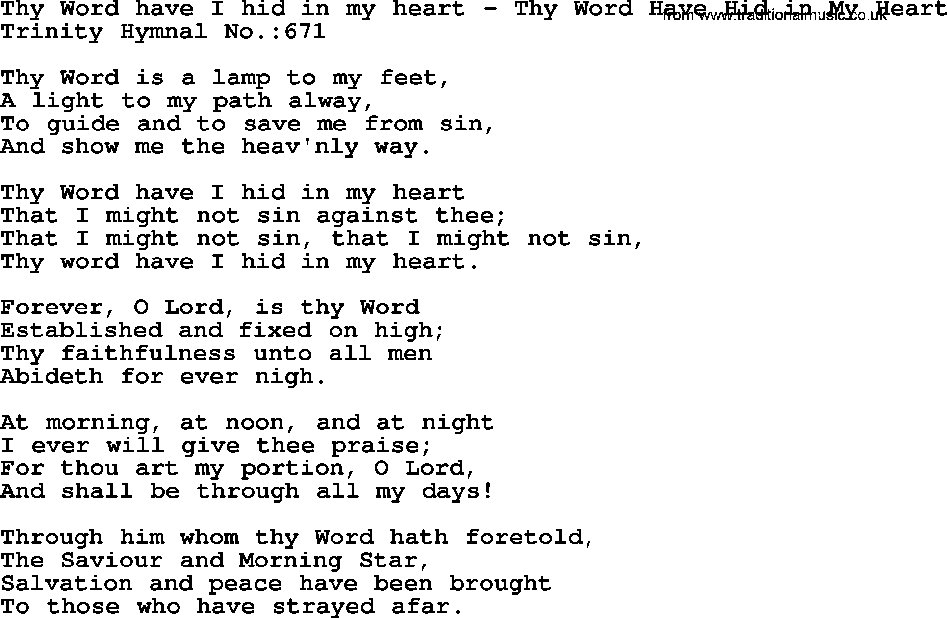 Trinity Hymnal Hymn: Thy Word Have I Hid In My Heart--Thy Word Have Hid In My Heart, lyrics with midi music