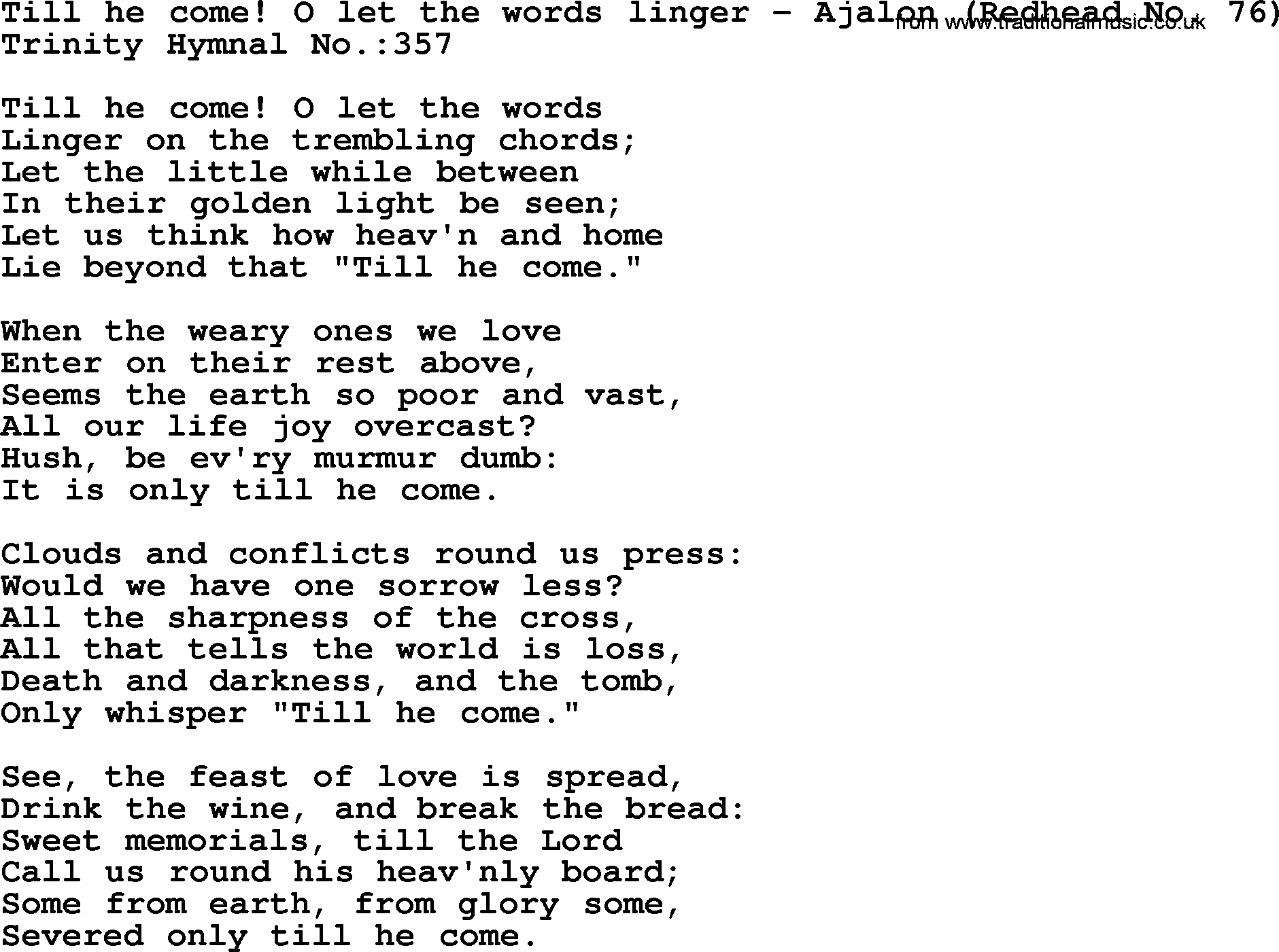 Trinity Hymnal Hymn: Till He Come! O Let The Words Linger--Ajalon, lyrics with midi music