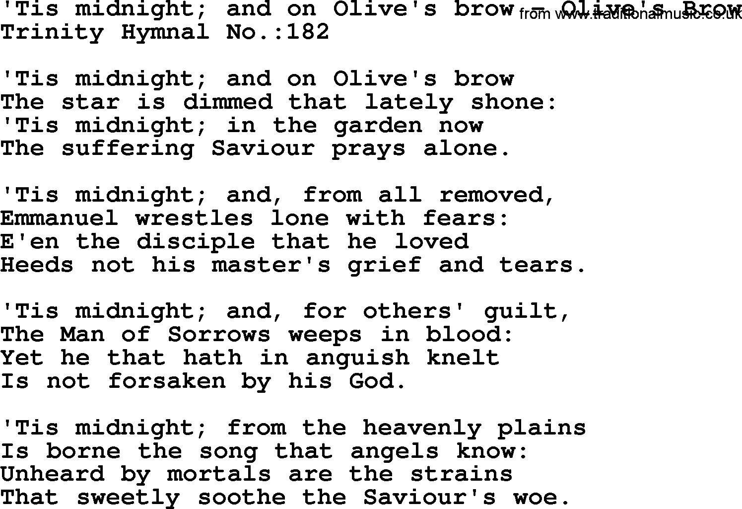 Trinity Hymnal Hymn: Tis Midnight; And On Olive's Brow--Olive's Brow, lyrics with midi music
