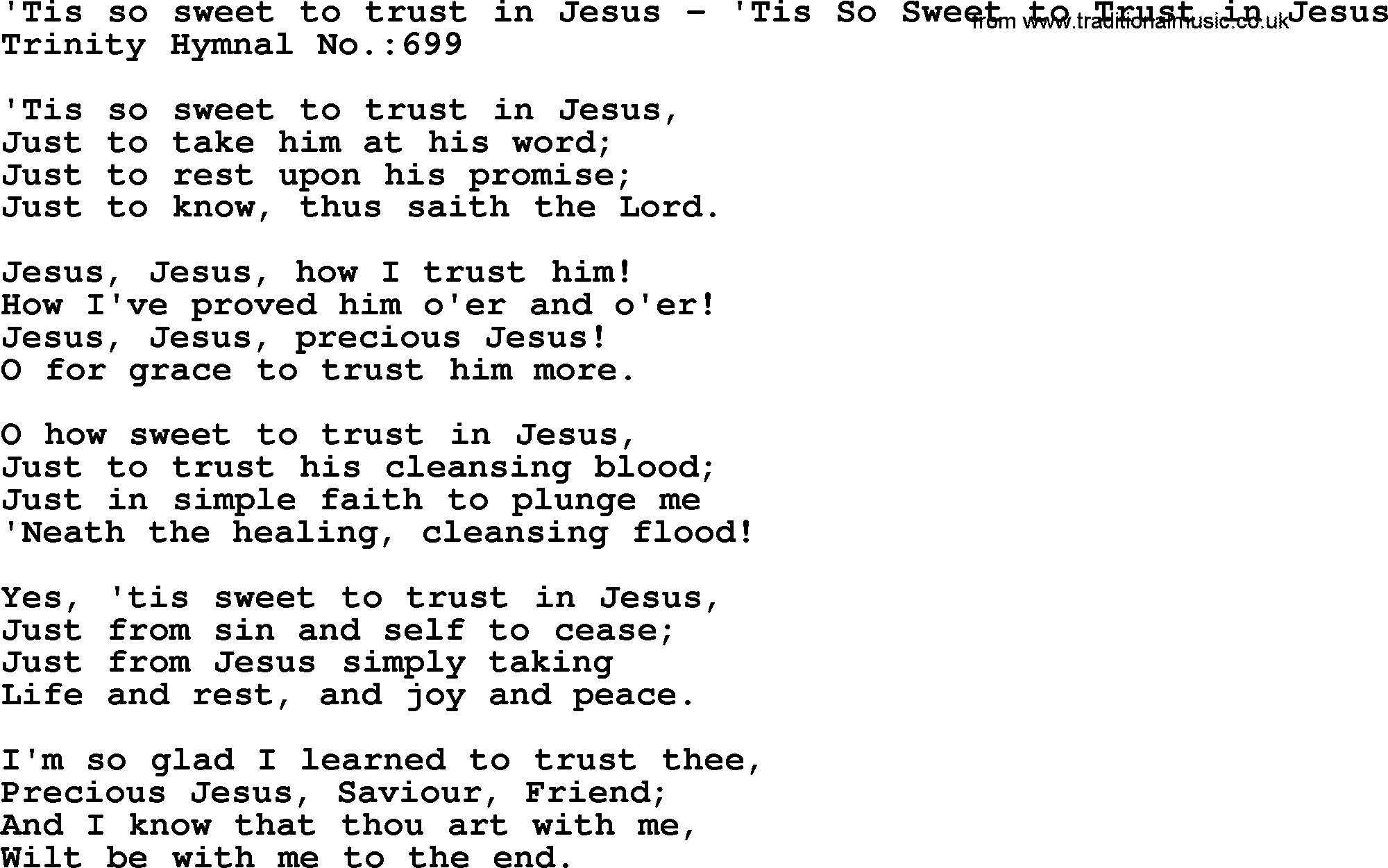 Trinity Hymnal Hymn: Tis So Sweet To Trust In Jesus--Tis So Sweet To Trust In Jesus, lyrics with midi music