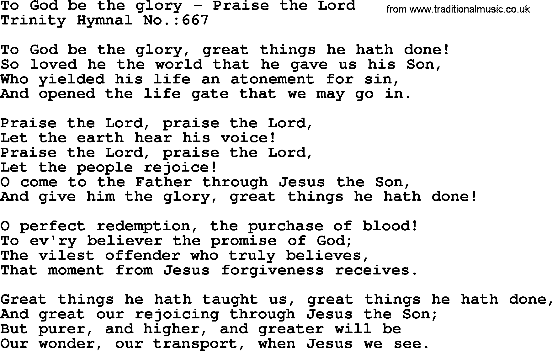 Trinity Hymnal Hymn: To God Be The Glory--Praise The Lord, lyrics with midi music