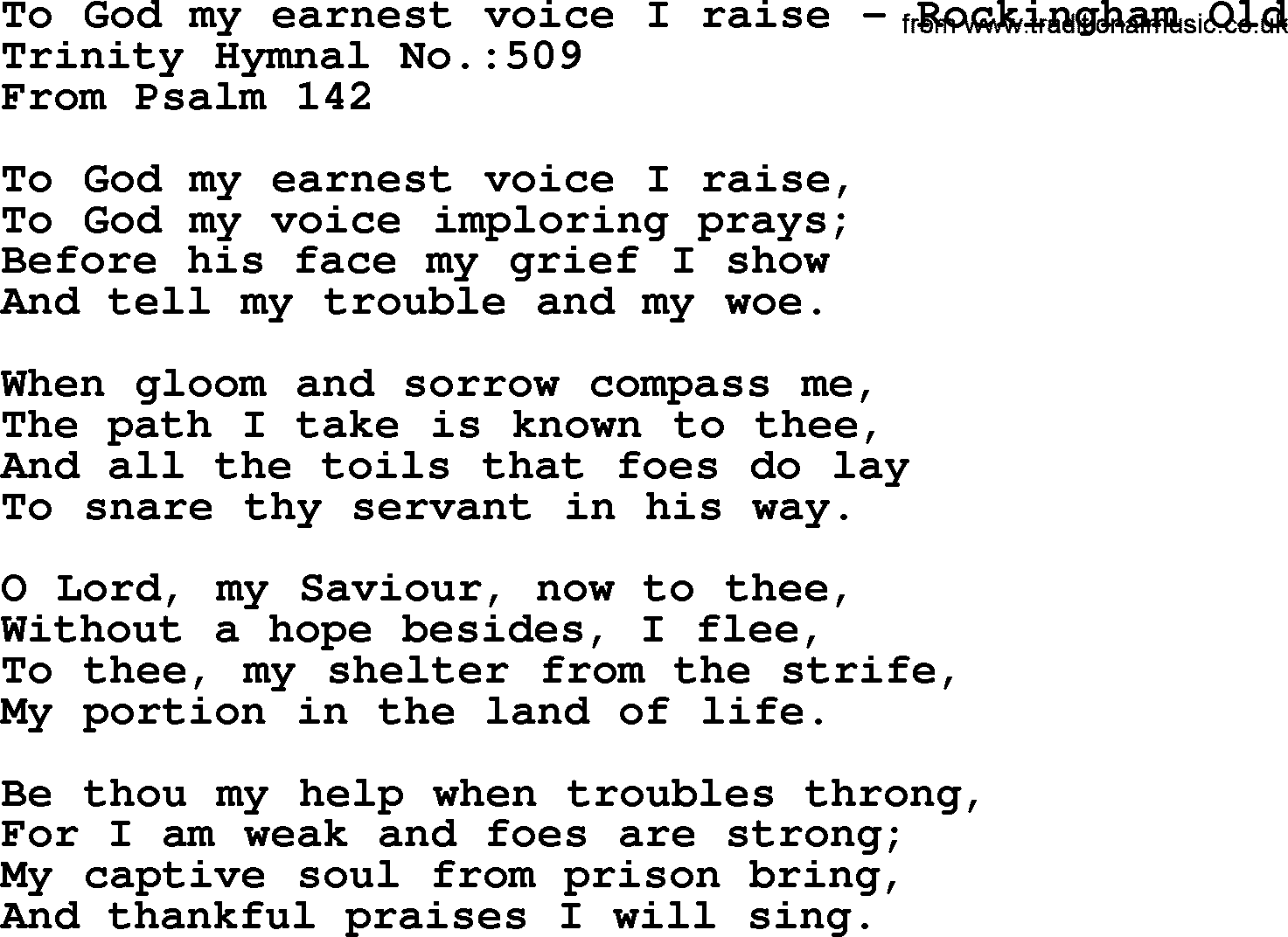 Trinity Hymnal Hymn: To God My Earnest Voice I Raise--Rockingham Old, lyrics with midi music