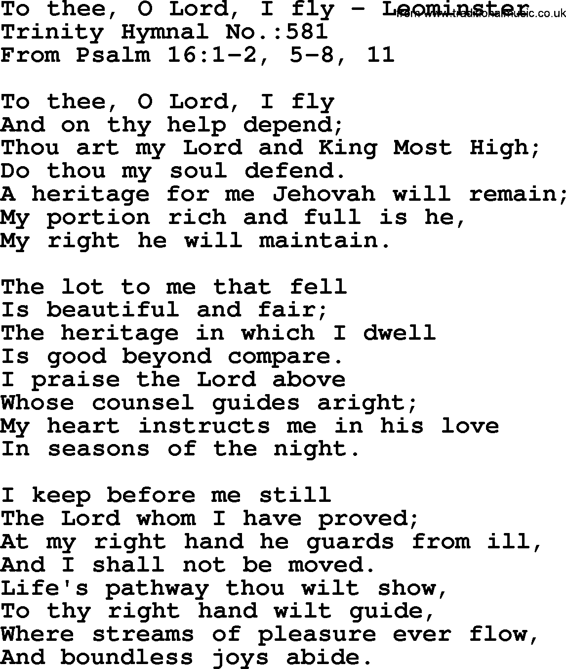 Trinity Hymnal Hymn: To Thee, O Lord, I Fly--Leominster, lyrics with midi music
