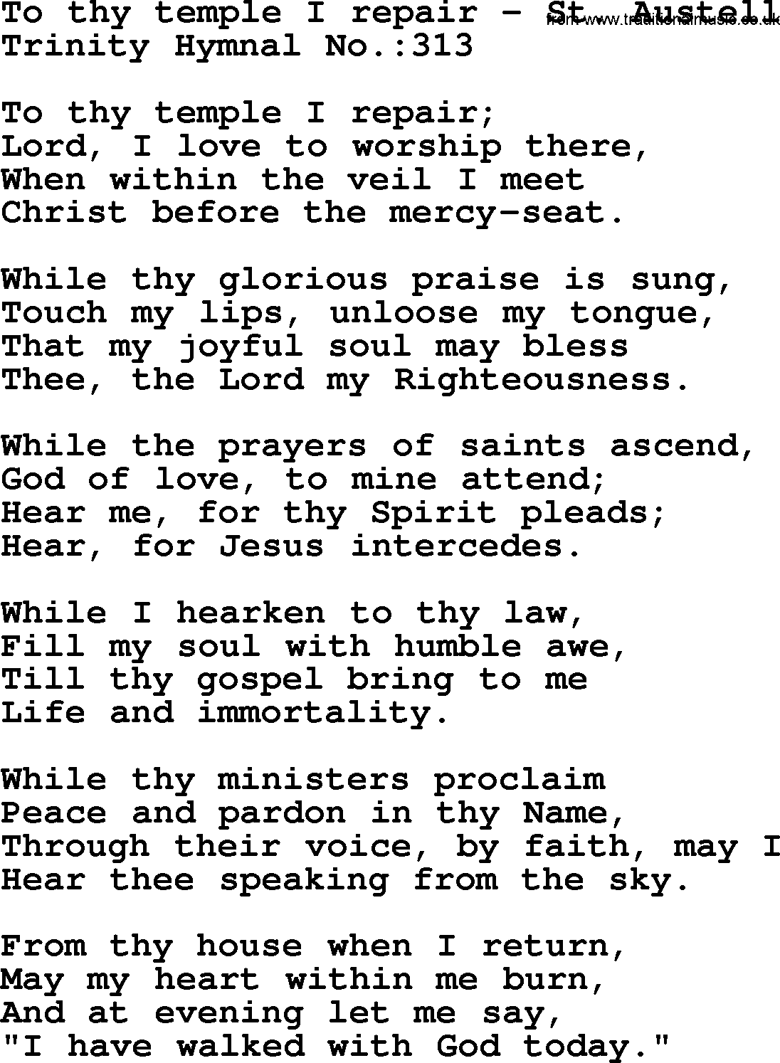 Trinity Hymnal Hymn: To Thy Temple I Repair--St. Austell, lyrics with midi music