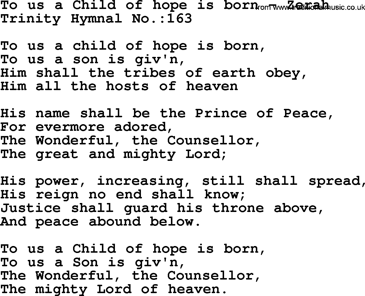 Trinity Hymnal Hymn: To Us A Child Of Hope Is Born--Zerah, lyrics with midi music