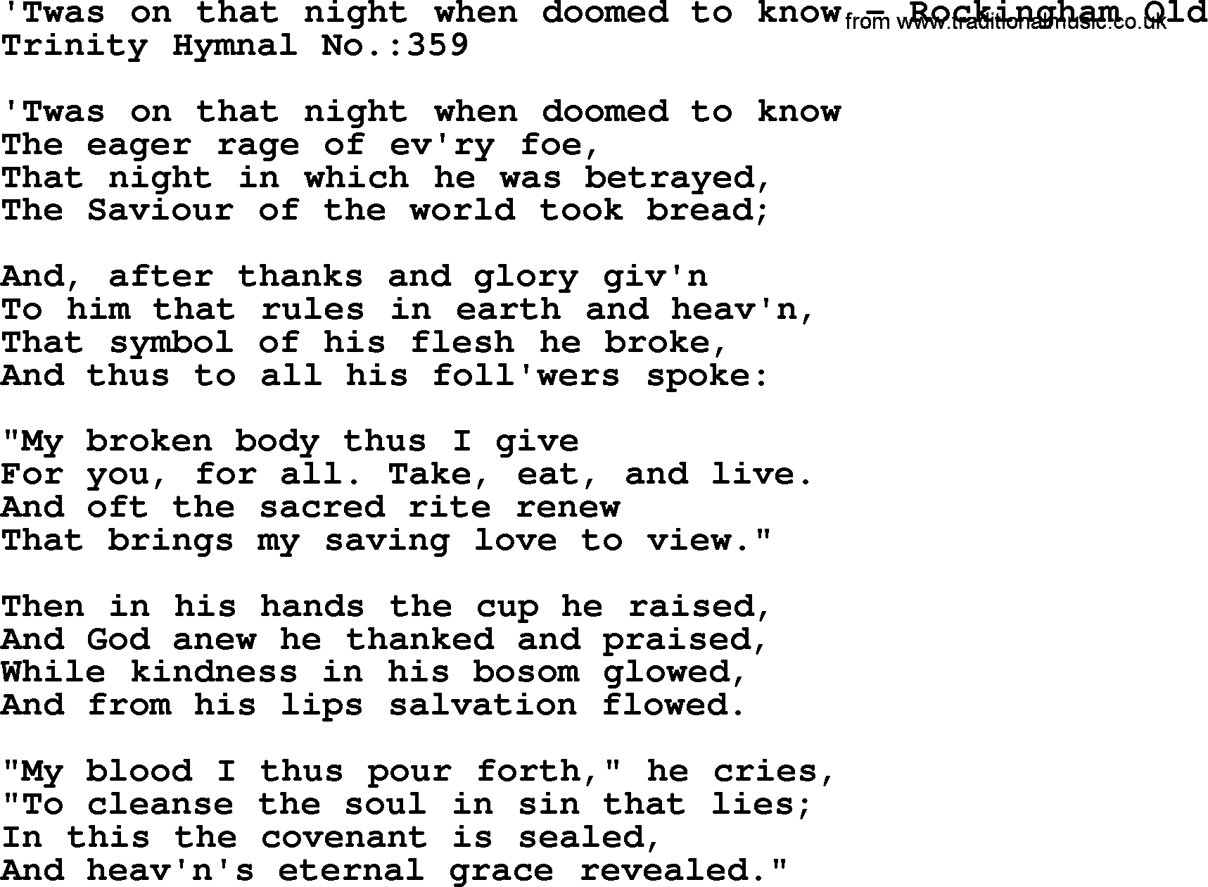 Trinity Hymnal Hymn: Twas On That Night When Doomed To Know--Rockingham Old, lyrics with midi music