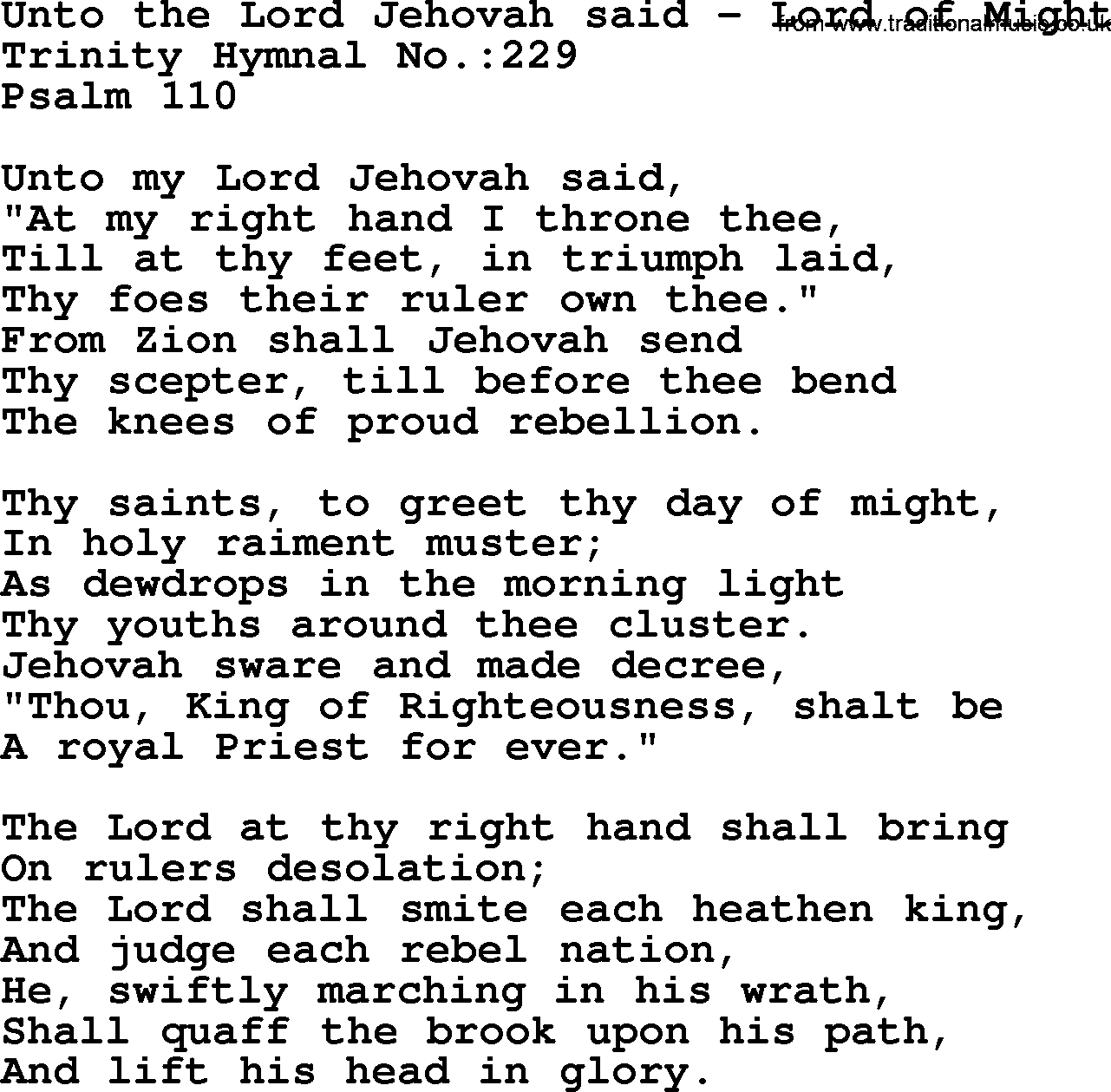 Trinity Hymnal Hymn: Unto The Lord Jehovah Said--Lord Of Might, lyrics with midi music