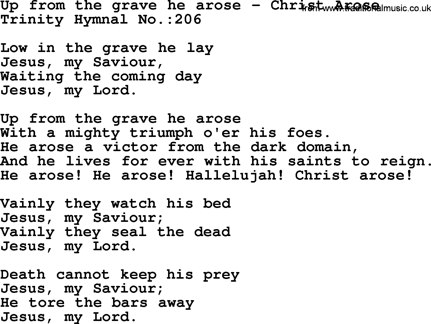 Trinity Hymnal Hymn: Up From The Grave He Arose--Christ Arose, lyrics with midi music