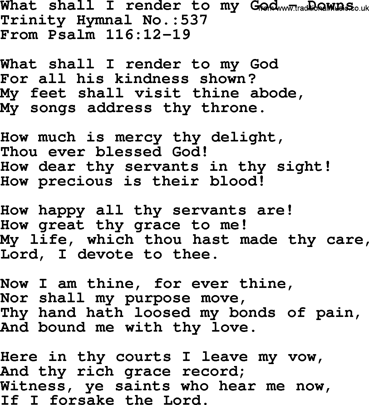 Trinity Hymnal Hymn: What Shall I Render To My God--Downs, lyrics with midi music