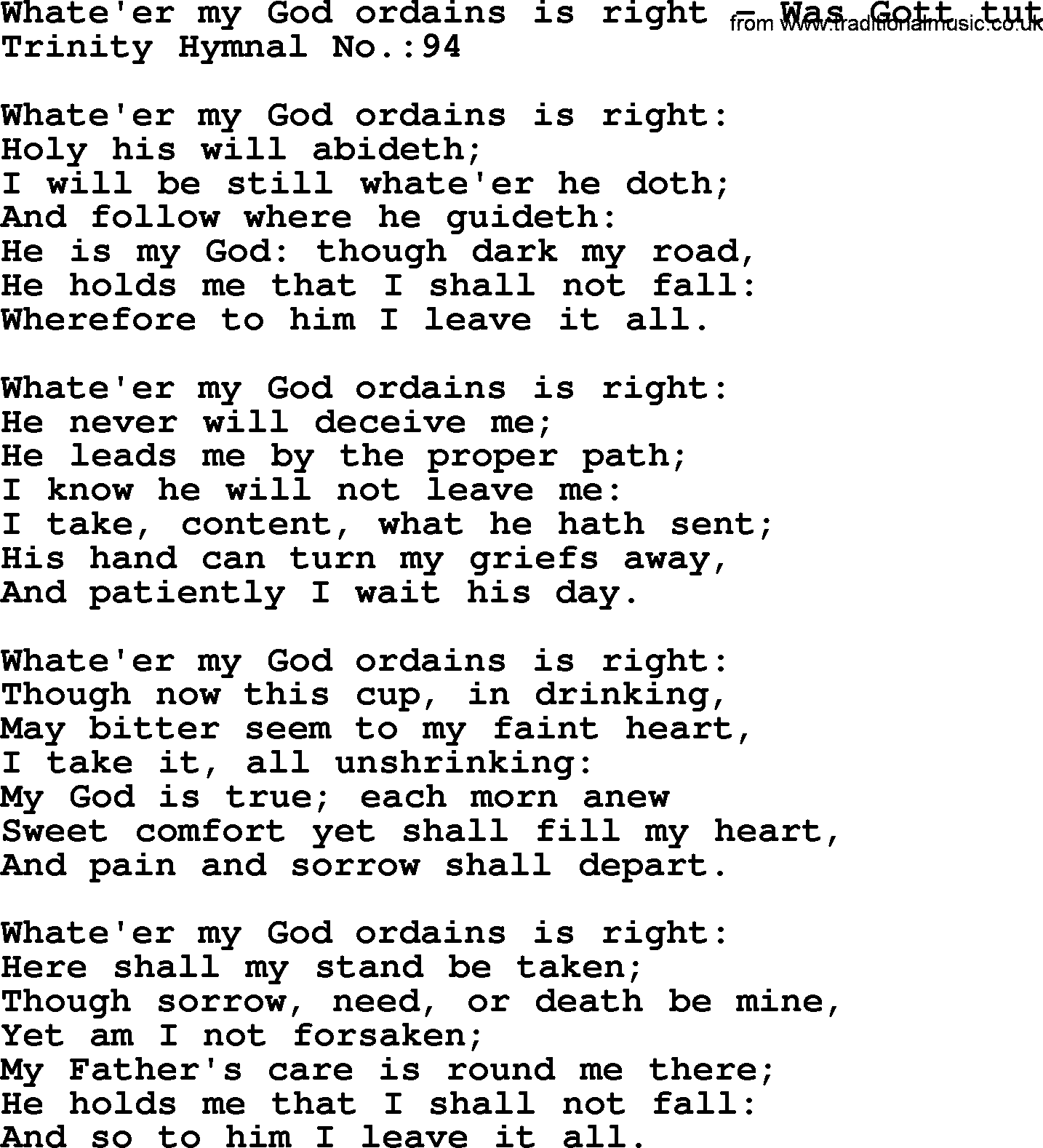 Trinity Hymnal Hymn: Whate'er My God Ordains Is Right--Was Gott Tut, lyrics with midi music