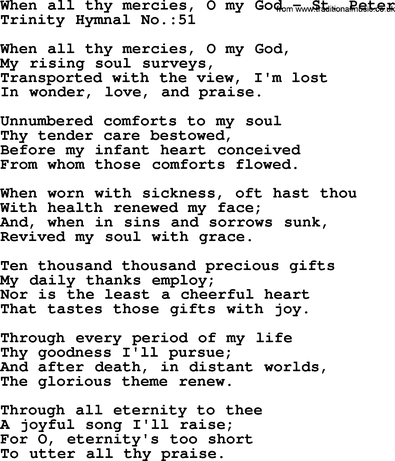 Trinity Hymnal Hymn: When All Thy Mercies, O My God--St. Peter, lyrics with midi music