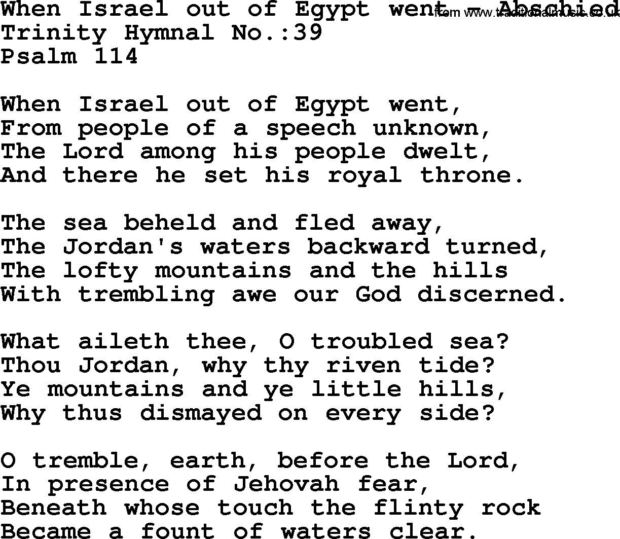 Trinity Hymnal Hymn: When Israel Out Of Egypt Went--Abschied, lyrics with midi music