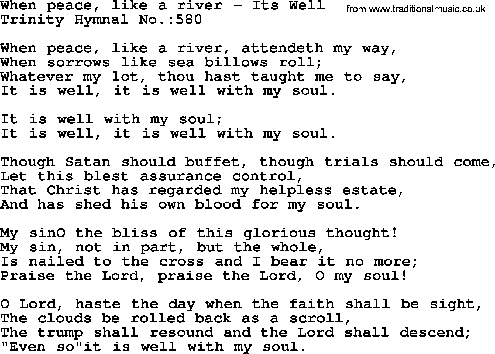 Trinity Hymnal Hymn: When Peace, Like A River--Its Well, lyrics with midi music