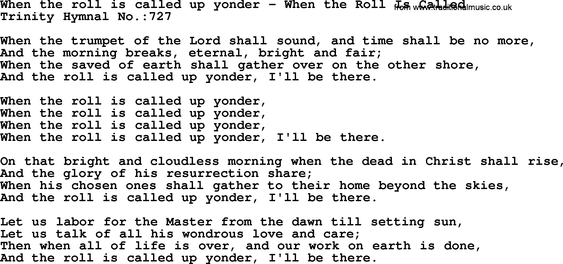 Trinity Hymnal Hymn: When The Roll Is Called Up Yonder--When The Roll Is Called, lyrics with midi music