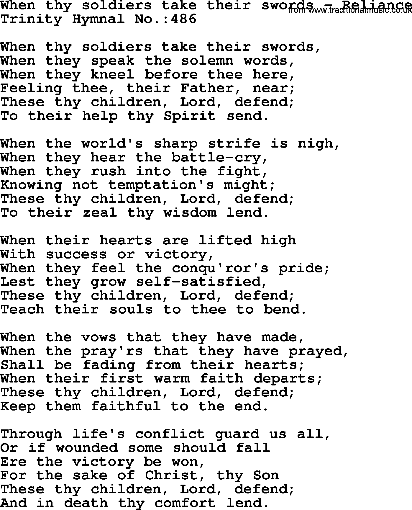 Trinity Hymnal Hymn: When Thy Soldiers Take Their Swords--Reliance, lyrics with midi music