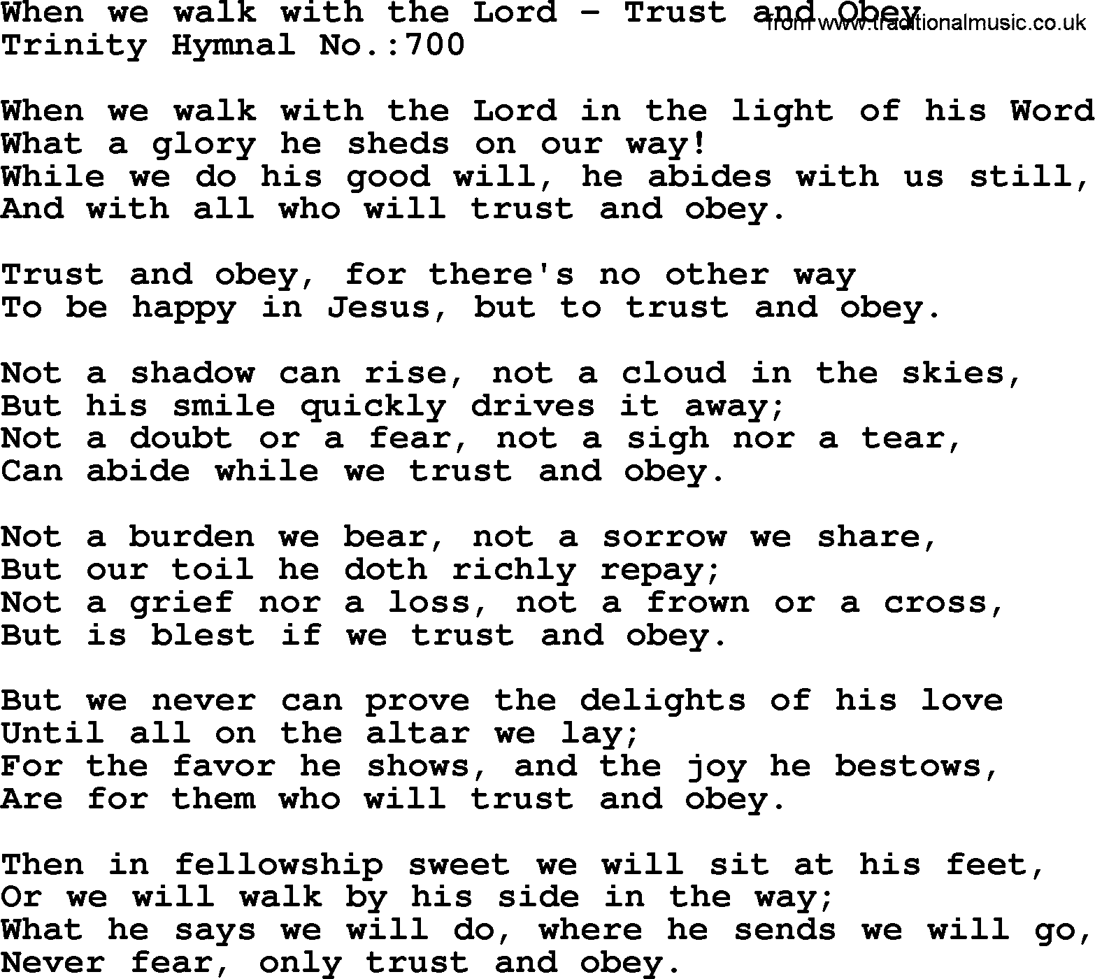 Trinity Hymnal Hymn: When We Walk With The Lord--Trust And Obey, lyrics with midi music